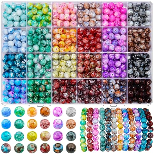 Glass Beads for Jewelry Making, 600pcs 8mm Glass Crystal Pattern Beads 24 Colors Snowflake Marble Gemstone Beads Imitation Jade Craft Charms for DIY Earrings Necklace Bracelet (Snowflake Crystal Bead) - color: 8MM Snowflake Crystal 24 Colors