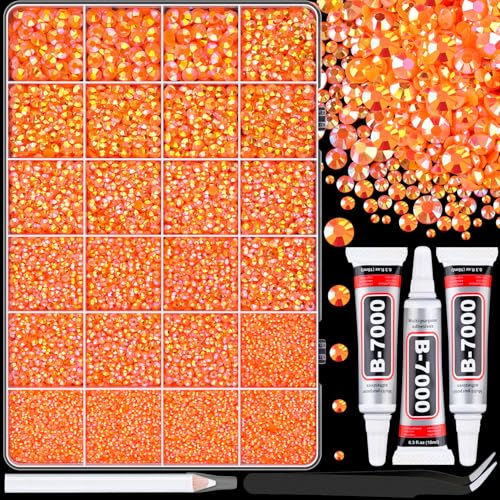 25000Pcs Resin Rhinestones with Tweezers for Crafting, Orange AB 2-6mm Mixed Sizes Bedazzling Crystal with 3Pcs 10ml B7000 Jewelry Glue for DIY Crafts Clothing Tumblers Shoes Fabric Nail Art - color: Orange AB, size: Large Pack + 3Pcs Glue