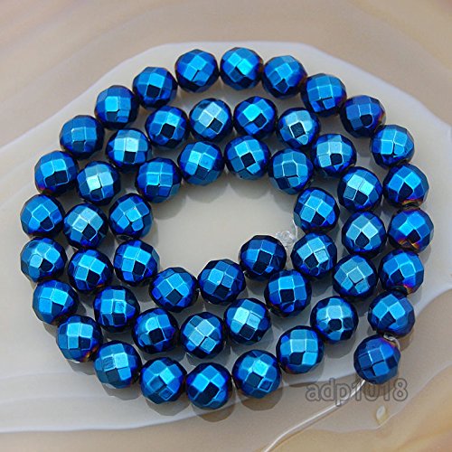 AD Beads Natural Faceted & Smooth Metallic Hematite Round Gemstone Loose Beads 16" 2mm 3mm 4mm 6mm 8mm 10mm (8mm, Metallic Blue (Faceted)) - color: Metallic Blue (Faceted), size: 8mm