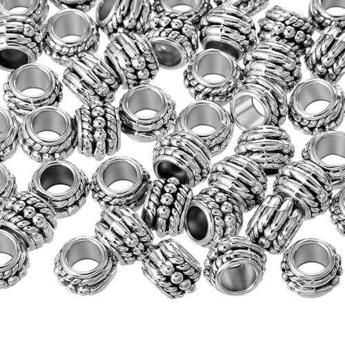 120 Pcs Silver Spacer Beads Tibetan Antique Silver Large Hole Spacers Beads Metal Loose Spacer Bead for DIY Necklace Bracelet Jewelry Crafts Making (8×6mm, Hole:4.5mm)