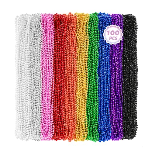 Huskein 100 PCS Mardi Gras Beads, 33" Assorted Colors Carnival Beads Bulk, 10 Kinds Colors Beaded Stuff Set, Parade Accessories Set, Round Costume Necklaces for Festive Party Supplies - color: 10 Colors