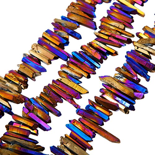 rockcloud Natural Rock Crystal Points Titanium Coated Clear Quartz Sticks Spikes Top Drilled 15 inch Strand,Purple - color: #24-Purple(Small)