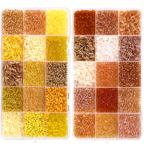 Jexine 2 Sets 30 Colors Glass Seed and Bugle Beads Kit Small Loose Craft Beads for Jewelry Making DIY Crafts Bracelets and Necklaces(Yellow, Champagne Color) - color: Yellow, Champagne Color