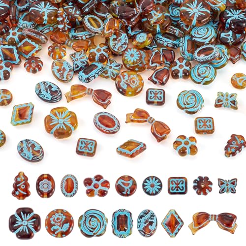 Cheriswelry 160Pcs Assorted Acrylic Beads Vintage Beads Bracelet Making Set Flat Round Flower Butterfly Bow Bead Printed Aesthetic Bead Spacer 11.5-20mm for Necklace Keychain Earring Jewelry Making - color: Amber