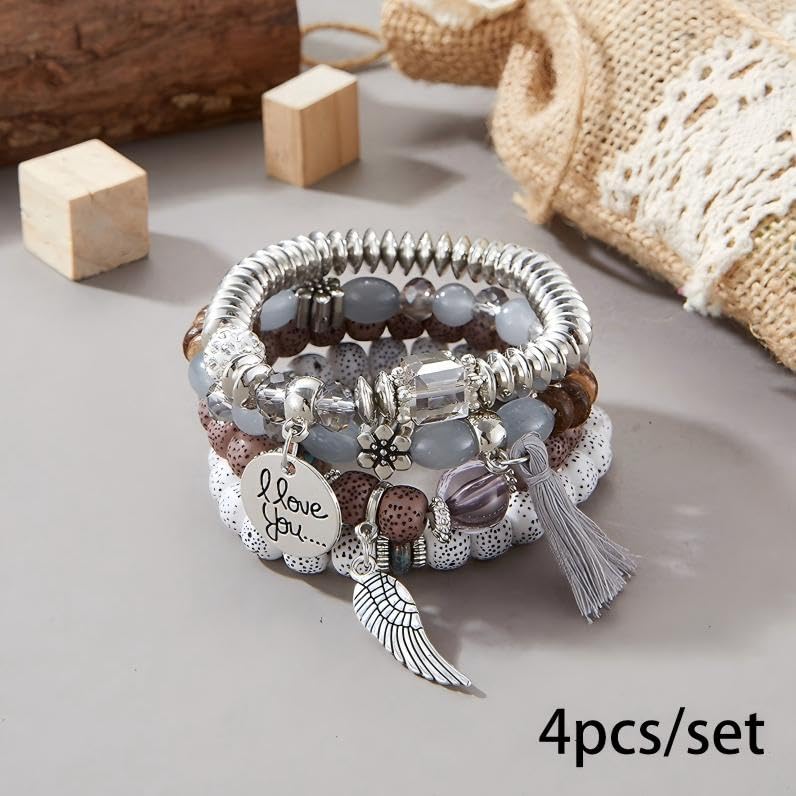 Bohemian Multilayer Beaded Bracelet Set, Colorful Stacked Stretch Bracelets with Tassel and Wing Charm - color: xhy021-6