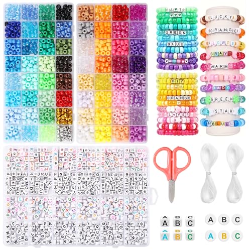 Beadiebling 2400 Pcs 6 * 9mm Pony Beads Bulk in 64 Colors - Friendship Bracelet Making Kit with 1600 Plastic Beads & 800 Letter Beads in 3 Storage Boxes with 2X Strings & Scissor - color: 2400 Pcs - 64 Colors