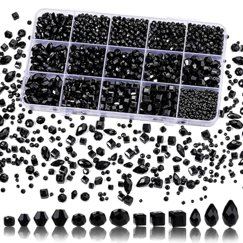 Song Xi 1500PCS Glass Beads for Jewelry Making, Assorted Faceted Crystal Beads Kit for Bracelet Earring Necklace, for DIY Clear and Iridescent Christmas Gift (Black) ﻿ ﻿ - color: Black