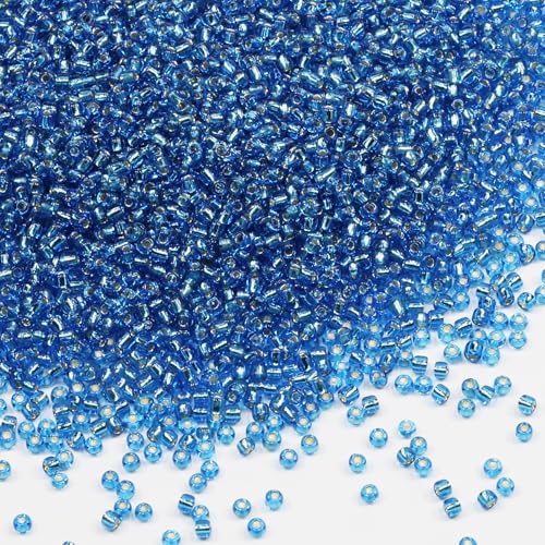 Transparent Blue with Silver Lined Beads Size 8/0 Crafts Glass Seed Beads 3mm for Jewelry Making (Total About 100g About 3600pcs) - color: Transparent Blue with Silver Lined, size: 3mm