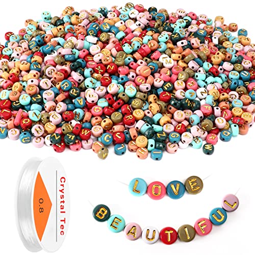 Colored Letter Beads, DECYOOL 1900Pcs 4×7mm Colorful Gold Acrylic Alphabet Beads with 1 Roll Elastic String for Bracelet Necklace Jewelry Making Supplies - color: Colorful Gold