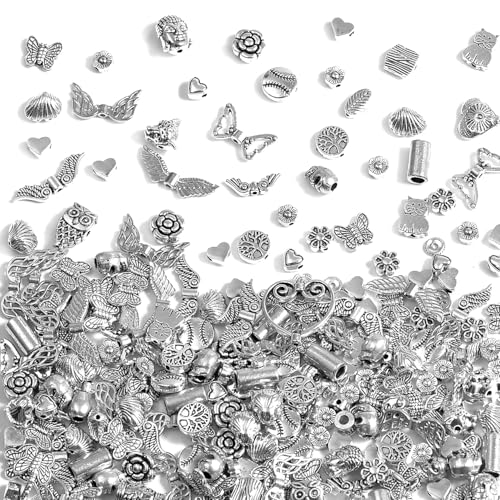 400Pcs Metal Spacer Beads for Jewelry Making, Silver & Gold Plated Findings for Bracelet, Small Hole, Mixed Style (Silver) - color: Silver