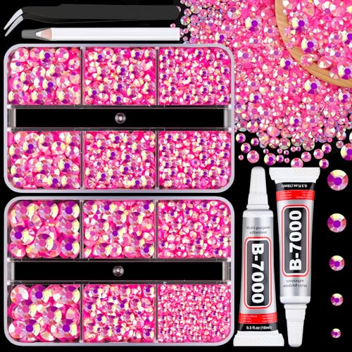 Resin Jelly Rhinestones for Crafting with B7000 Jewelry Glue, 2 Boxes Hot Pink AB Flatback Crystals with 2Pcs 10ml Glue, Bedazzling Non Hotfix Gems for DIY Tumblers Clothing Shoes Manicure - color: Hot Pink AB, size: 2 Mini Pack + Glue