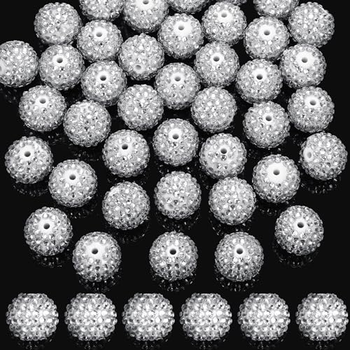 40 Pcs 20 mm Rhinestone Beads Bulk Crystal Round Disco Ball Chunky Bubblegum Beads for Pens Bracelets Charms Craft European Style Jewelry Making Supplies Christmas(White and Silver) - color: White and Silver