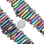 SUNYIK Rainbow Aura Titanium Coated Crystal Points Quartz Polished Sticks Spikes Point Beads 15 inch Strand Drilled - color: #3-Rainbow(Polished), size: 0.5"-1.6"