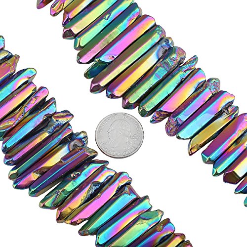 SUNYIK Rainbow Aura Titanium Coated Crystal Points Quartz Polished Sticks Spikes Point Beads 15 inch Strand Drilled - color: #3-Rainbow(Polished), size: 0.5"-1.6"