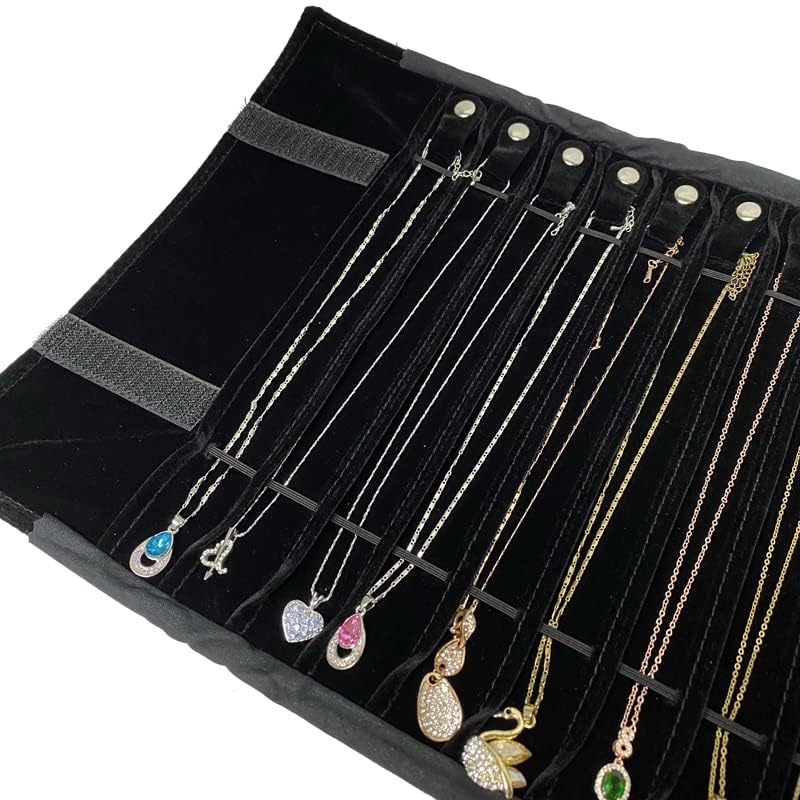 Portable Jewelry Roll Untangled Secure Necklace Travel Storage Bag Displays Holder 16 Chain (black PU and velvet) - color: black PU and velvet
