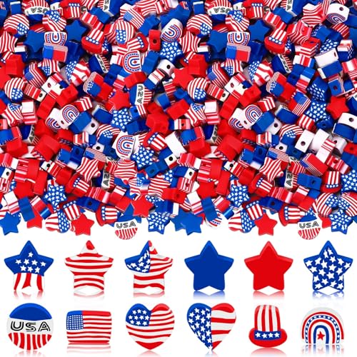 4th of July Polymer Clay Beads, 300pcs Independence Day 250th Anniversary American Flag Red White Blue Spacer Beads for Jewelry Making DIY Bracelet Necklace Craft Patriotic Party Supplies - color: Red White Blue B