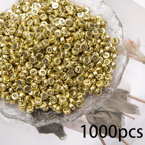 1000pcs Acrylic Number Beads 0-9 Round Number Beads 4x7mm Mixed Number Beads for Jewelry Making and DIY Bracelets, Necklaces, Key Chains (Gold) - color: Gold