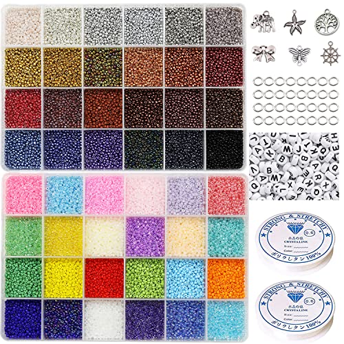 31200pcs Glass Seed Beads 48 Colors 2mm 12/0 Bracelet Beads for Jewelry Making Kit with Letter Alphabet Beads, 2 Rolls Elastic String Cord, Charms and Jump Rings for Jewelry Making（48 Colors） - color: 48 Colors, size: 12/0