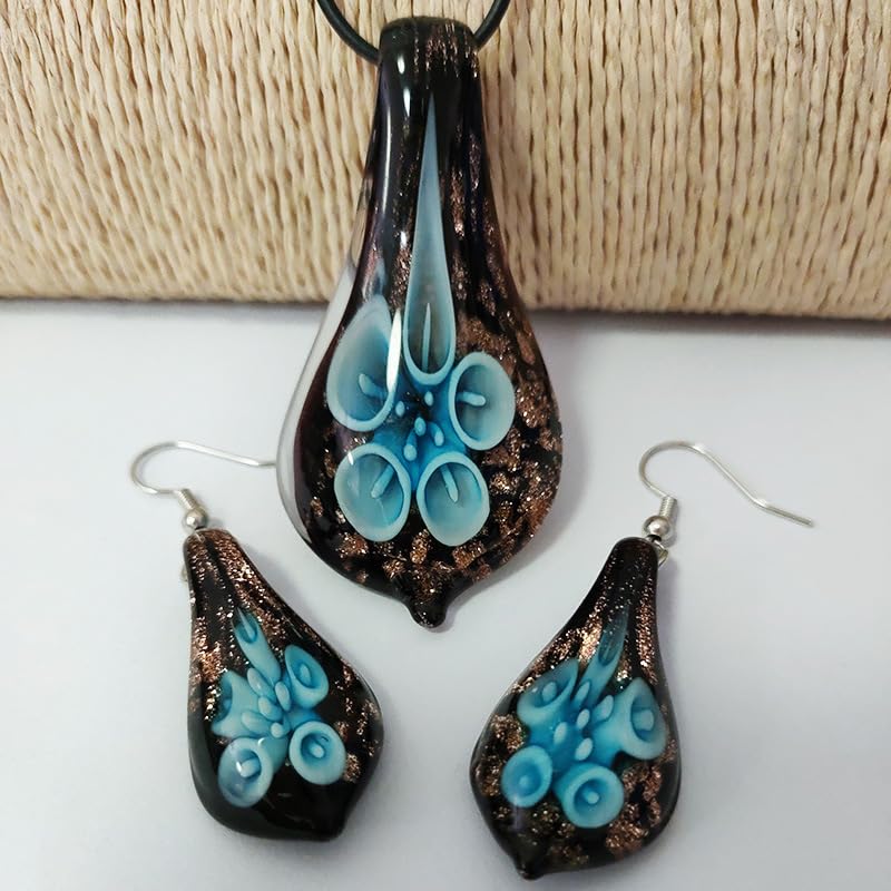 Glass Water Drop Shape Glaze Spiral Dangle Earrings Lampwork Handmade Glass Bead Geometric Earrings for Women Jewelry - color: Flower Blue Set