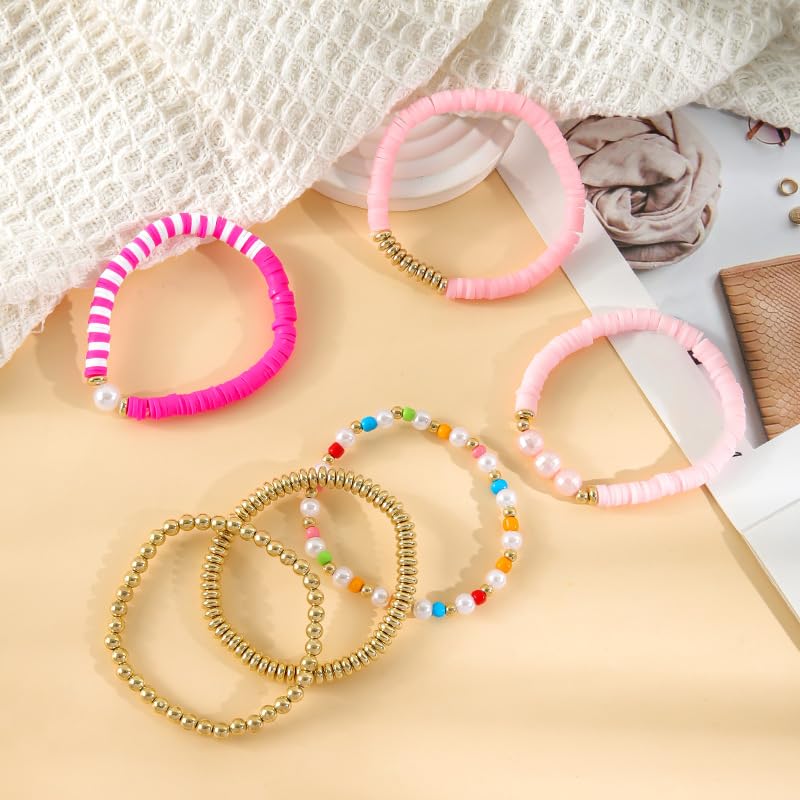 COLORFUL BLING 5-12Pcs Bohemian Love Heart Bead Bracelets for Women Vinyl Disc Heishi Surfer Stackable Stretch Bracelet Summer Beach Boho Jewelry - color: 6pcs pink pearl