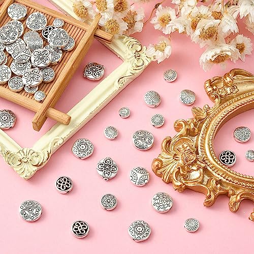 DanLingJewelry 100Pcs 10 Styles Antique Silver Flat Round Beads with Flower & Star Pattern Tibetan Round Beads for DIY Jewelry Craft Making - color: 100pcs - round - 10 styles