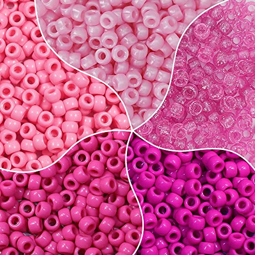 MIIIM 1000PCS 6x9mm Pony Beads Bulk, 5 Styles Pink Pony Beads for Bracelets Making Kit, Kandi, Hair Braids Crafts for Jewelry Making (Pink) - color: Pink