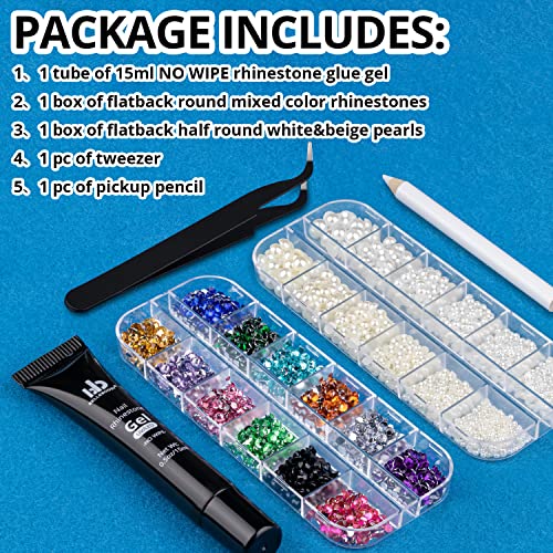 BELLEBOOST Nail Art Rhinestone Glue Gel&2 Boxes Flatback Gems Kit, 1 Tube of 15ml Rhinestone Gel Glue(UV/LED Needed)+Colorful Gems+Flat-Back Half Round White&Beige Pearls with Pickup Tools - color: A09-Multicolor+ White&Beige Pearls