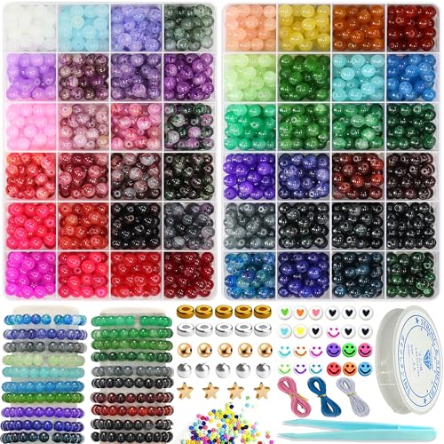 JULIMAIDONG 8mm Glass Beads for Bracelets 2100pcs, 48 Colors Round Crystal Glass Bracelet Making Kit for Jewelry Making Kits Bead DIY Crafts with Spacer Charms Accessories (48Color(Solid+Printing) - color: 8MM 48Color(Solid+Printing)