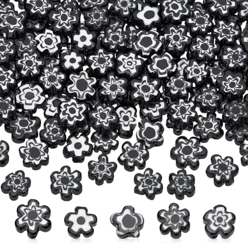 AHANDMAKER 112 Pcs Millefiori Lampwork Glass Loose Assorted Bead Flat Flower, Black Flower Beads, Daisy Floral Loose Glass Spacer Beads for DIY Necklace Bracelet Earring Jewelry Making