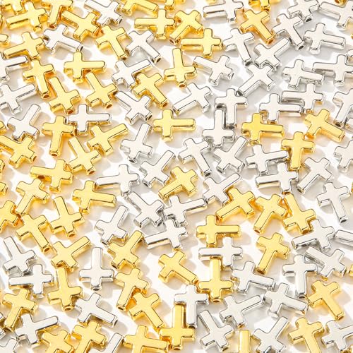 300pcs Cross Beads Gold&Silver Crosses Spacer Bead Bulk for DIY Crafting Necklace Bracelet Jewelry Making Keychain (Golden&Silver) - color: golden&silver