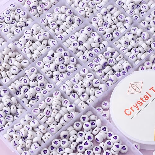 Acrylic Letter Beads 4mm Flat Round, 6mm Square - Beads for Making Friendship Bracelet or Necklace (26 Pieces of Flat Round White with Purple) - color: 26 pieces of flat round white with purple