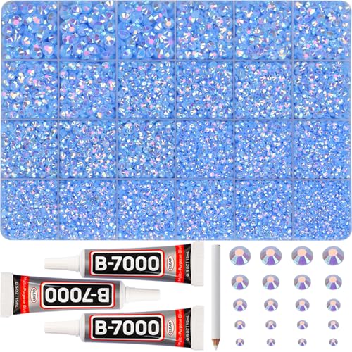 31000Pcs Light Blue Resin Rhinestones for Bedazzling, 2-6mm Mixed Sizes Flatback Gems Crystal Jewels Diamonds Gemstones Stones with B7000 Glue for Crafting Clothes Nails - color: Jelly baby blue AB 2-6mm, size: Large Pack + 3Pcs Glue