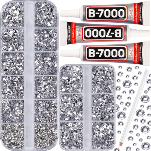 b7000 Glue with 7500Pcs Silver Clear Rhinestones for Crafts Clothes Clothing Fabric, Shiny Flatback Crystals Gems for Crafting Shoes Shirt, Flat Back Diamonds Set Badazzle kit Jewels 2-5mm 4 Sizes Mix - color: Silver clear 2-5mm, size: Small Pack + 3pcs G