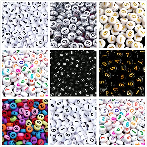 Amaney 700Pcs 7x4mm 7 Colors Mixed Number Beads Acrylic Round Shape Each Color 100Pcs - color: 7Colors, size: 7x4mm