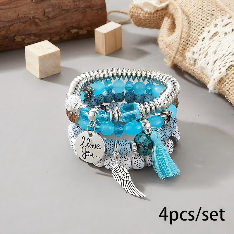 Bohemian Multilayer Beaded Bracelet Set, Colorful Stacked Stretch Bracelets with Tassel and Wing Charm - color: xhy021-8