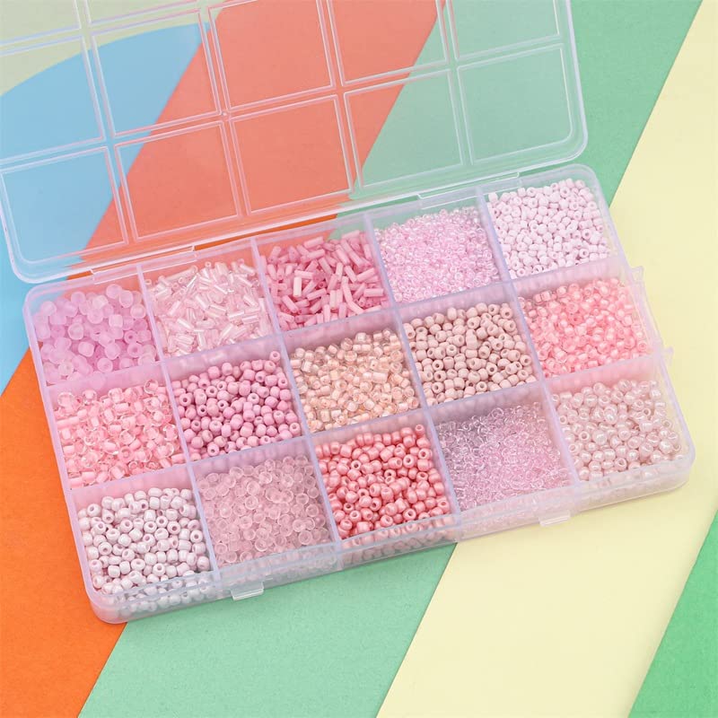 Mix 15 Color Glass Seed Tube Beads Glass Bugle Beads Loose Kit for Jewelry Making DIY Craft Beading (Mix 15 Color, Pink) - color: Pink