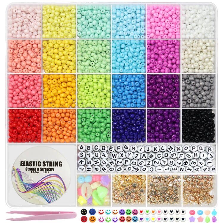 LIS HEGENSA 24 Color 8000pcs 3mm Glass Seed Beads for Jewelry Bracelet Making Kit, Small Beads Friendship Bracelet Kit, Tiny Waist Beads Kit with Letter Bead, DIY Art Craft Girls Gifts