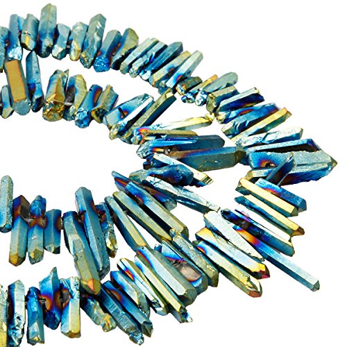 SUNYIK Blue/Gold Titanium Coated Crystal Points Quartz Rough Sticks Spikes Point Beads 15 inch Strand Drilled - color: Blue/Gold(Rough), size: 0.4"-1.3"
