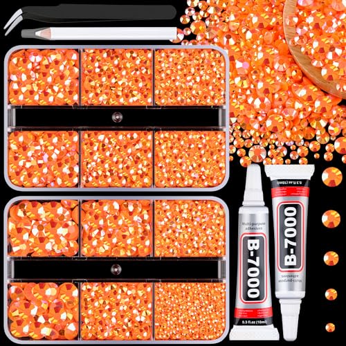 Resin Jelly Rhinestones for Crafting with B7000 Jewelry Glue, 2 Boxes Orange AB Flatback Crystals with 2Pcs 10ml Glue, Bedazzling Non Hotfix Gems for DIY Tumblers Clothing Shoes Manicure - color: Orange AB, size: 2 Mini Pack + Glue
