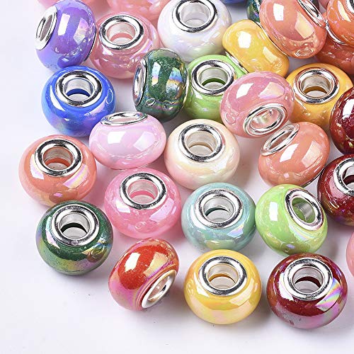 Beadthoven 100pcs Resin Porcelain AB Color Rondelle Charm Spacer Beads with Silver Color Cores for DIY Bracelets Jewelry Making Crafts Supplies - color: 0Rianbow AB Mixed Color