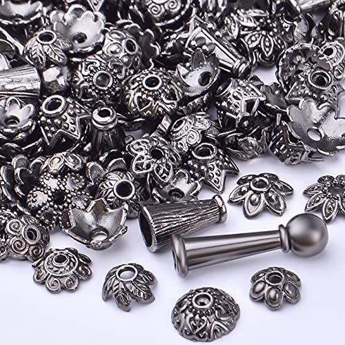 BronaGrand 100 Gram Gun Black Flower Bead Caps Tibetan Alloy Mixed Styles Spacer Beads Caps End Caps Craft Supplies for DIY Earrings Bracelet Necklace Jewelry Making Accessories - color: Gun Black