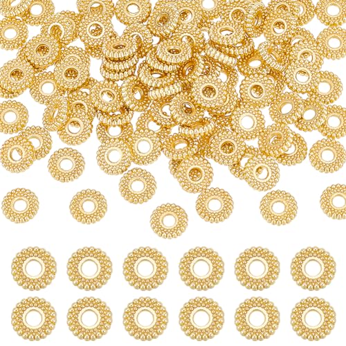 BENECREAT 100Pcs Real 18K Gold Plated Spacer Beads, 7.5x2mm Flower Metal Spacer Beads Heishi and Rondelle Bead for Jewelry Making Findings and Craft Work, Hole: 2mm