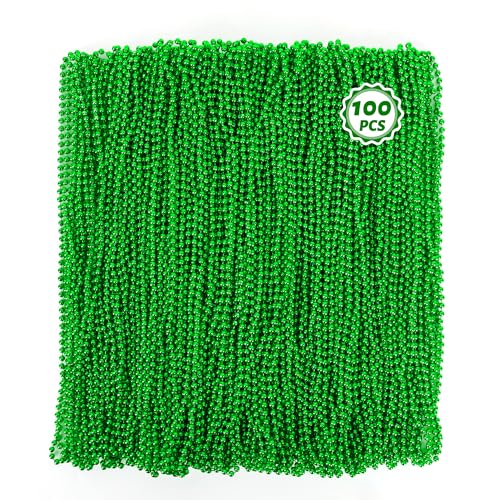 Huskein 100 PCS St Patricks Day Beads Necklace, Mrdi Gras Beads Bulk, 33 Inches Round Beads Necklace Accessories Set, Luck Irish Beads Parade Accessories for Mardi Gras St Patricks Day - color: Green