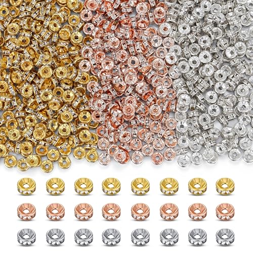 XIANNVXI 500PCS 6mm Rhinestone Rondelle Spacer Beads for Jewelry Making - Loose Beads for Bracelets & Necklaces (Gold, Silver, Rose Gold) - color: Rhinestones 3 colors