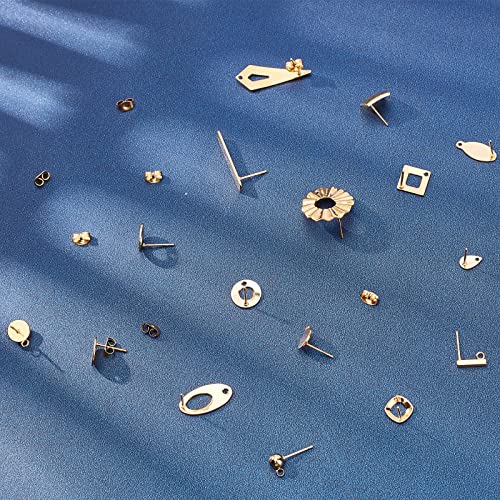 SUNNYCLUE 1 Box 46Pcs 16 Styles Stainless Steel Stud Earring Finding Including 32pcs Hypoallergenic Ear Stud & 14Pcs Ear Nuts for Women Beginners DIY Earring Jewellery Making Crafts, Golden - color: 16 Pairs Golden Tone Stud Earring Findings