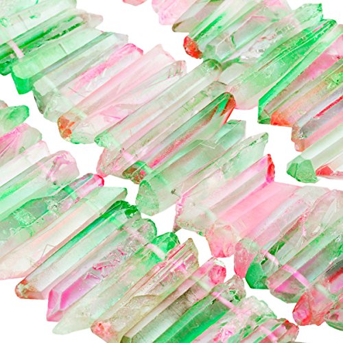 rockcloud Natural Rock Crystal Points Titanium Coated Clear Quartz Sticks Spikes Top Drilled 15 inch Strand,Pink&Green - color: #31-Pink&Green