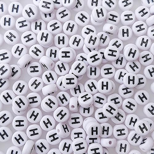 200+ Pieces 4x7mm Single H Letter Beads for Jewelry Making, White Round Acrylic Bulk Alphabet (Black on White) - size: Single Letter H 200+ Pcs