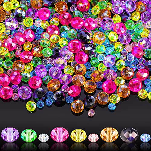 WILLBOND 600 Pcs Crystal Glass Beads for Jewelry Making Bulk Suncatcher Faceted Rondelle Loose Gemstone for Valentine's Day, Irish Holiday, Easter Bracelet DIY Crafts 8mm, 6mm, 4mm(Multi Color) - color: Multi Color