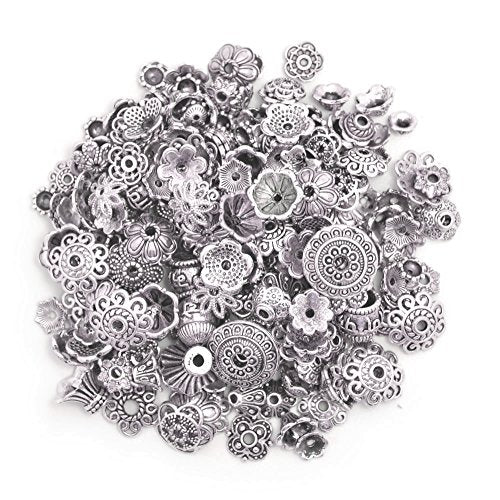 160-210pcs Bali Style Jewelry Making Metal Bead Caps Deluxe New Mix, 100 Gram,Tibetan Silver - color: Antique Silver