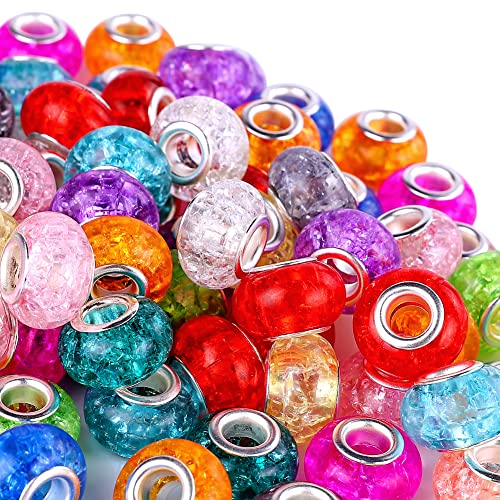 100 Pieces 14mm European Large Hole Spacer Beads Mix Color with Silver Brass Cores Assortments Charm Lampwork Beads Supplies for Necklace Bracelets Jewelry Making (Crack Transparent) - color: Crack transparent